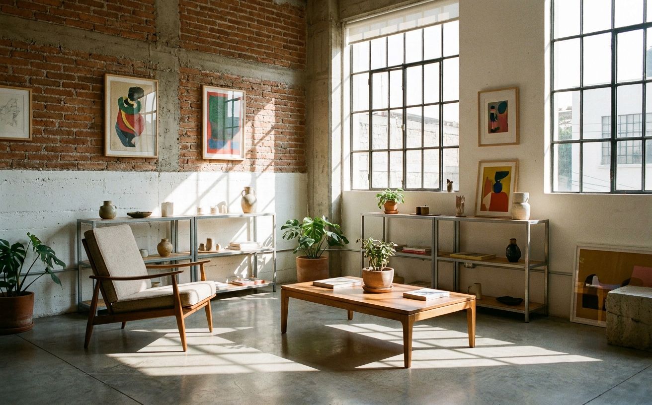 A Mexico City design studio interior with exposed brick walls, contemporary art, vintage modernist furniture and tall windows with high-altitude light