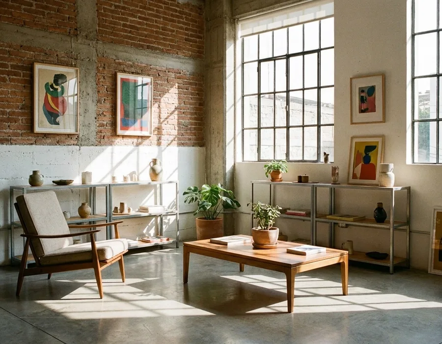 A Mexico City design studio interior with exposed brick walls, contemporary art, vintage modernist furniture and tall windows with high-altitude light