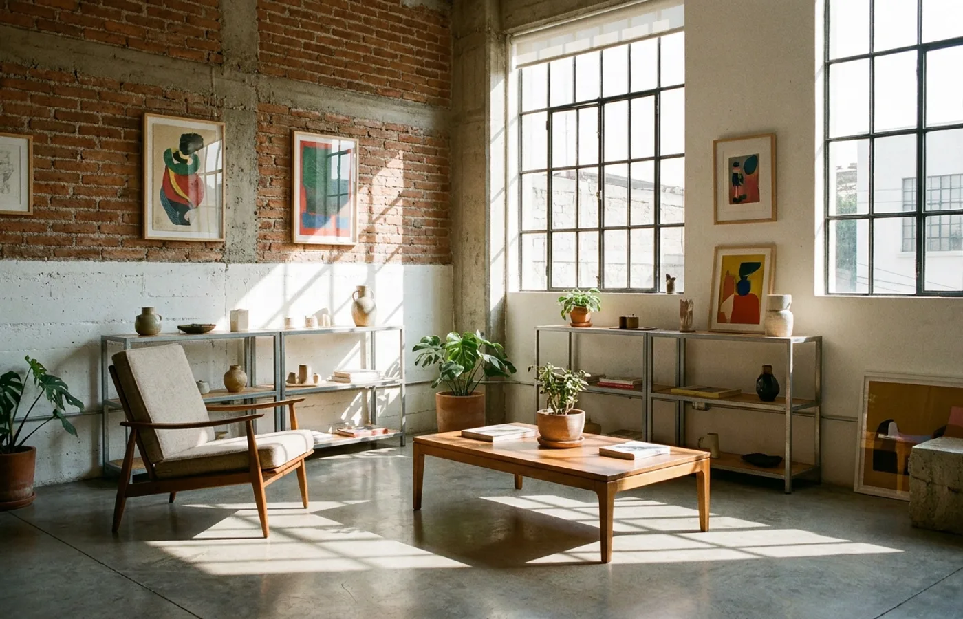 A Mexico City design studio interior with exposed brick walls, contemporary art, vintage modernist furniture and tall windows with high-altitude light