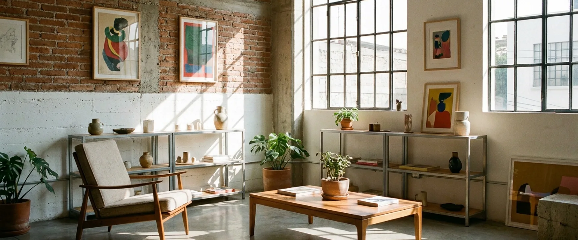 A Mexico City design studio interior with exposed brick walls, contemporary art, vintage modernist furniture and tall windows with high-altitude light