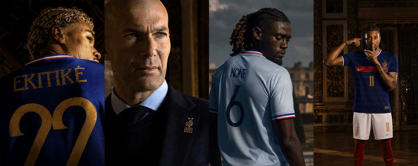 Four-panel FFF campaign shows Ekitiké 22, Zidane in a navy suit, Koné 6 in pale blue, and a player in France kit 11.