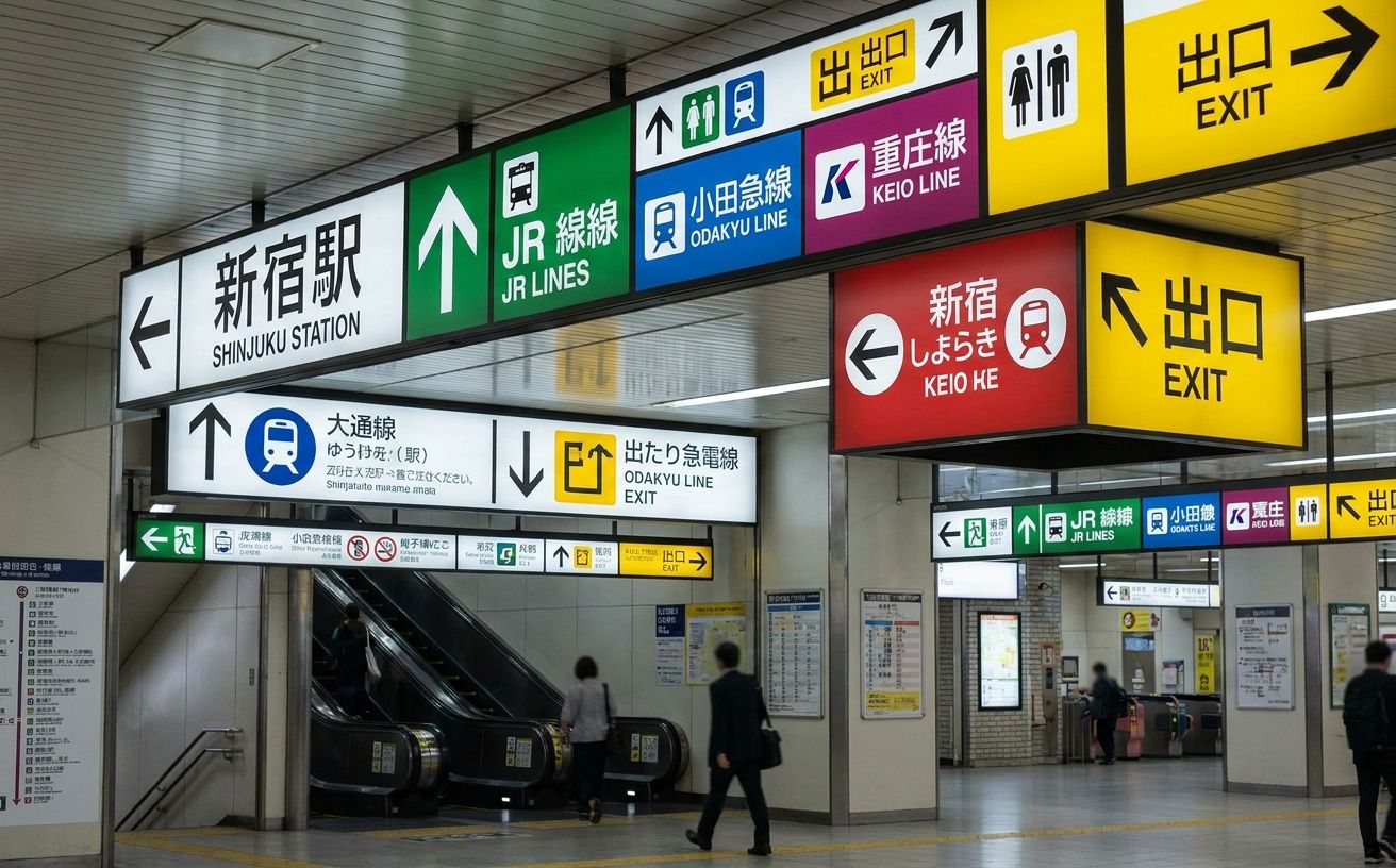 Tokyo train station signage system with color-coded line identifiers, pictograms, directional arrows and bilingual typography