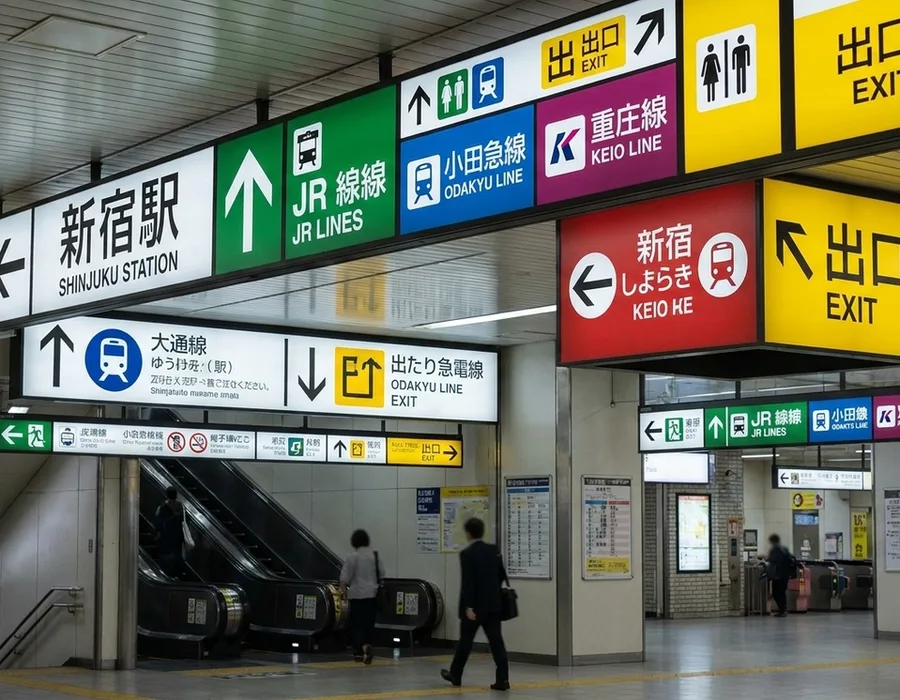 Tokyo train station signage system with color-coded line identifiers, pictograms, directional arrows and bilingual typography