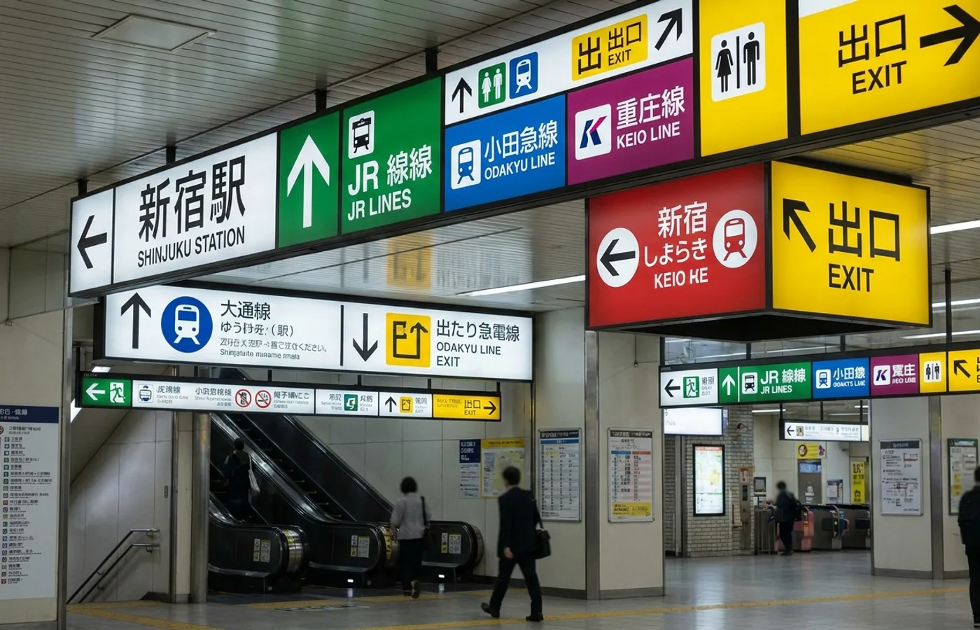 Tokyo train station signage system with color-coded line identifiers, pictograms, directional arrows and bilingual typography