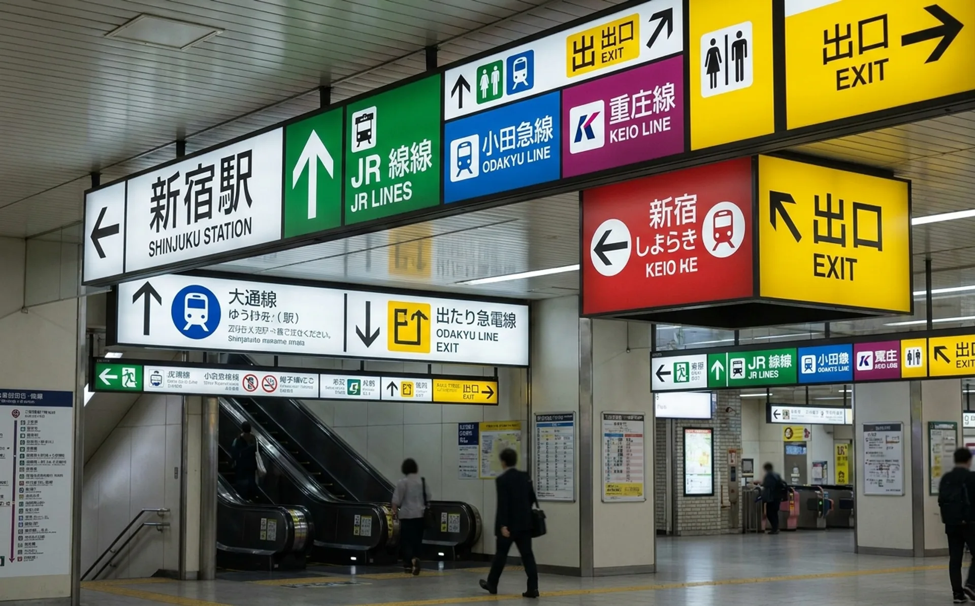 Tokyo train station signage system with color-coded line identifiers, pictograms, directional arrows and bilingual typography