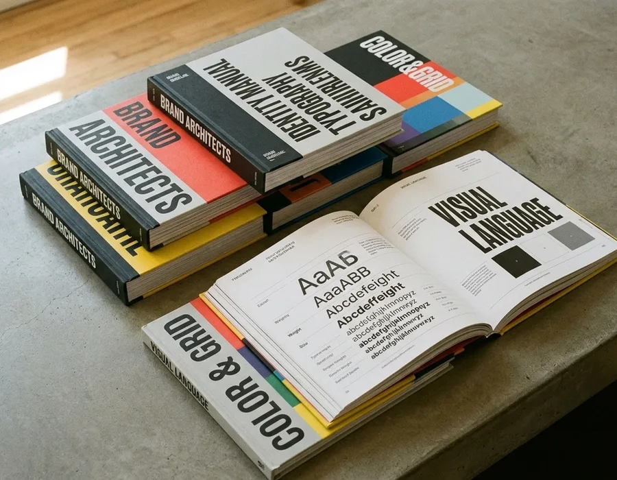 Five hardbound brand guideline books stacked on a concrete desk, one open to a typography specimen page, lit by warm natural light
