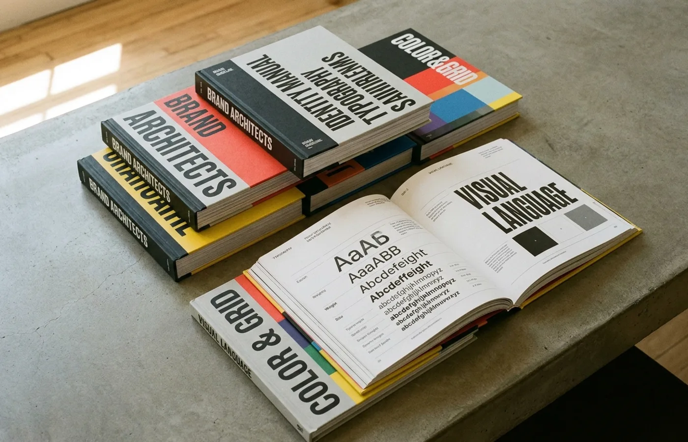 Five hardbound brand guideline books stacked on a concrete desk, one open to a typography specimen page, lit by warm natural light