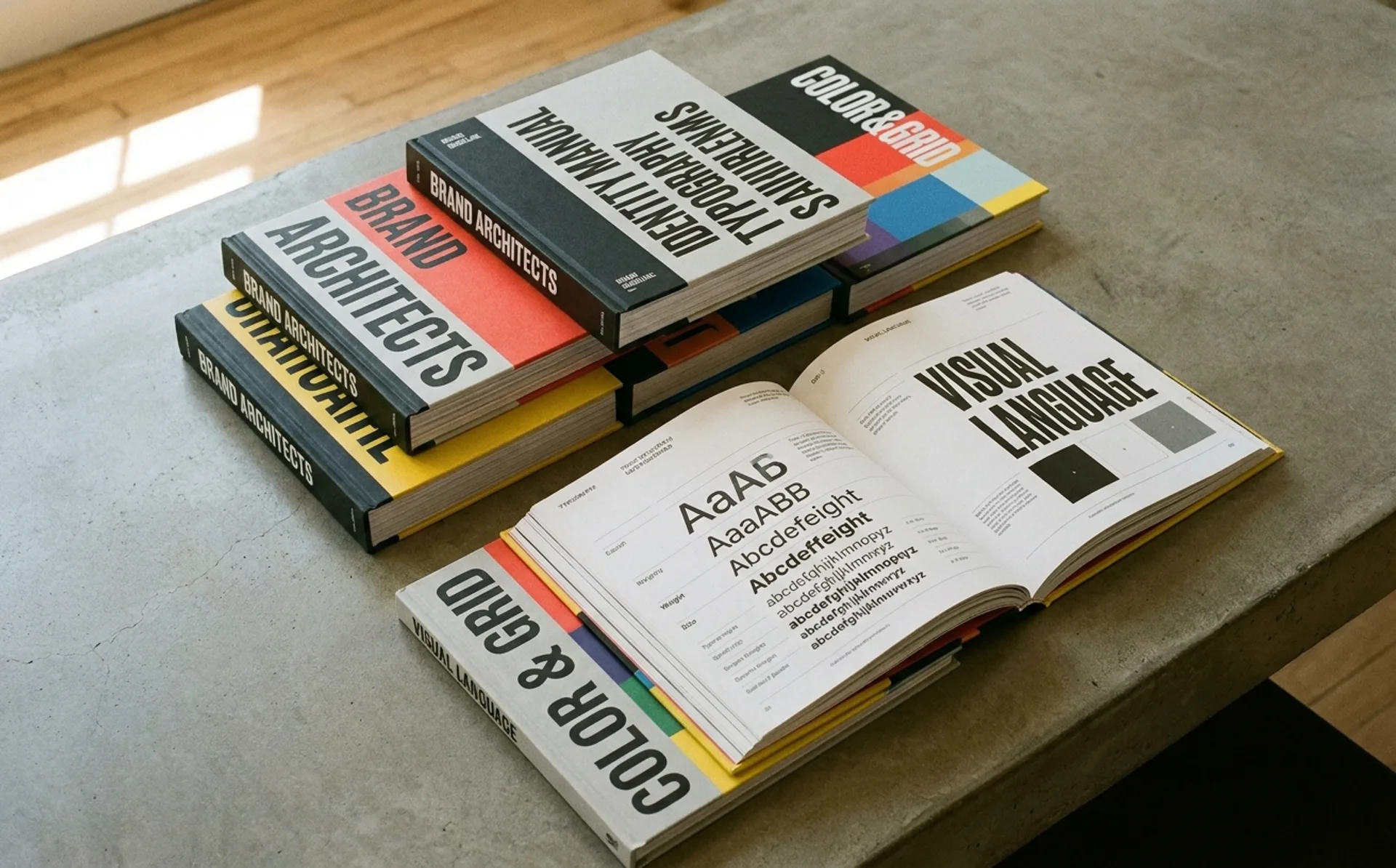 Five hardbound brand guideline books stacked on a concrete desk, one open to a typography specimen page, lit by warm natural light