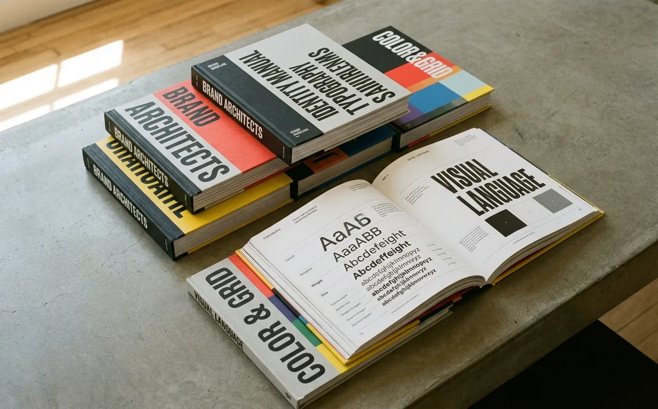 Five hardbound brand guideline books stacked on a concrete desk, one open to a typography specimen page, lit by warm natural light