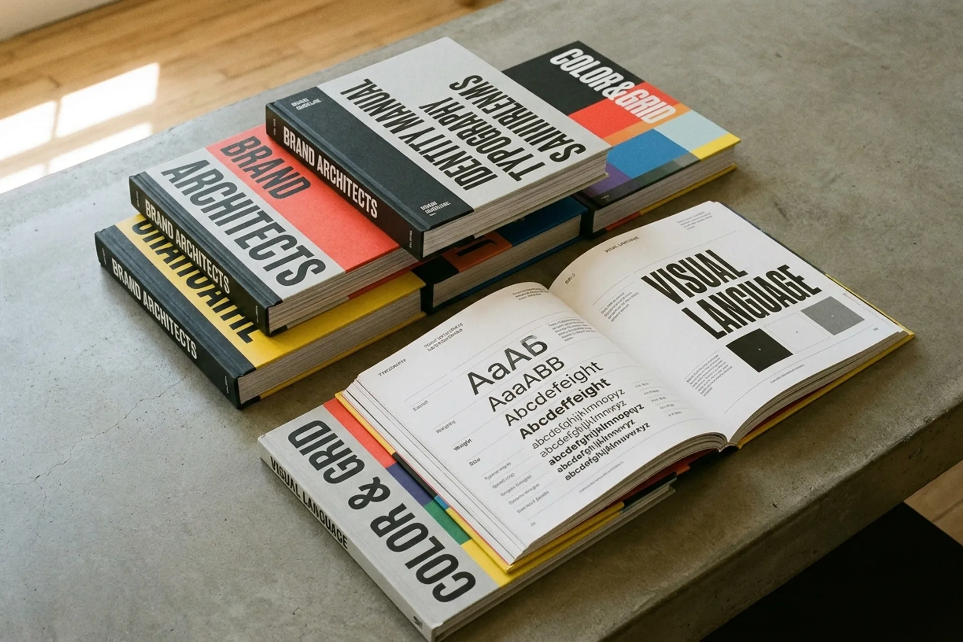 Five hardbound brand guideline books stacked on a concrete desk, one open to a typography specimen page, lit by warm natural light