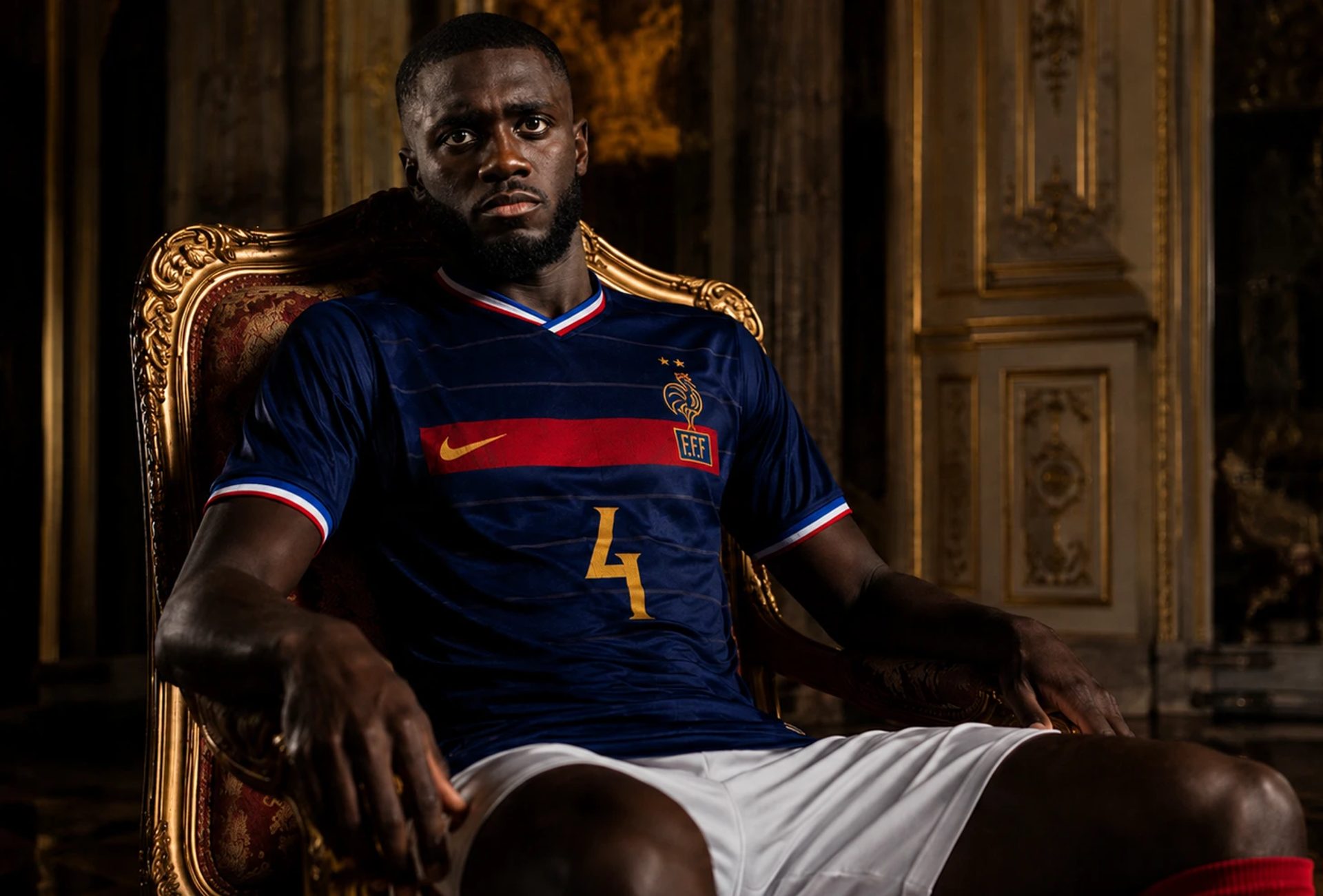 Footballer in a navy France jersey marked F.F.F and 4 sits on a gold chair in an ornate gold and brown interior.