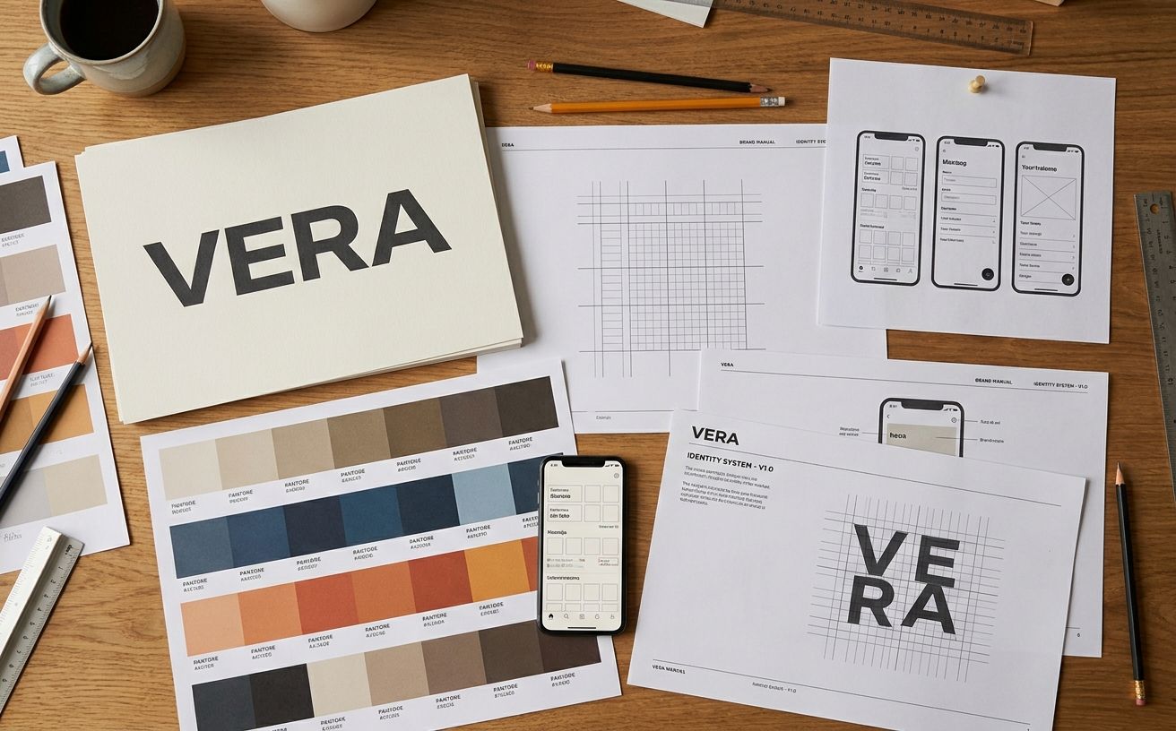 A startup brand identity system laid out on a desk — wordmark, color swatches, grid system and mobile app screens with clean sans-serif type
