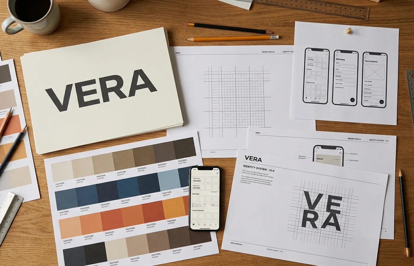 A startup brand identity system laid out on a desk — wordmark, color swatches, grid system and mobile app screens with clean sans-serif type