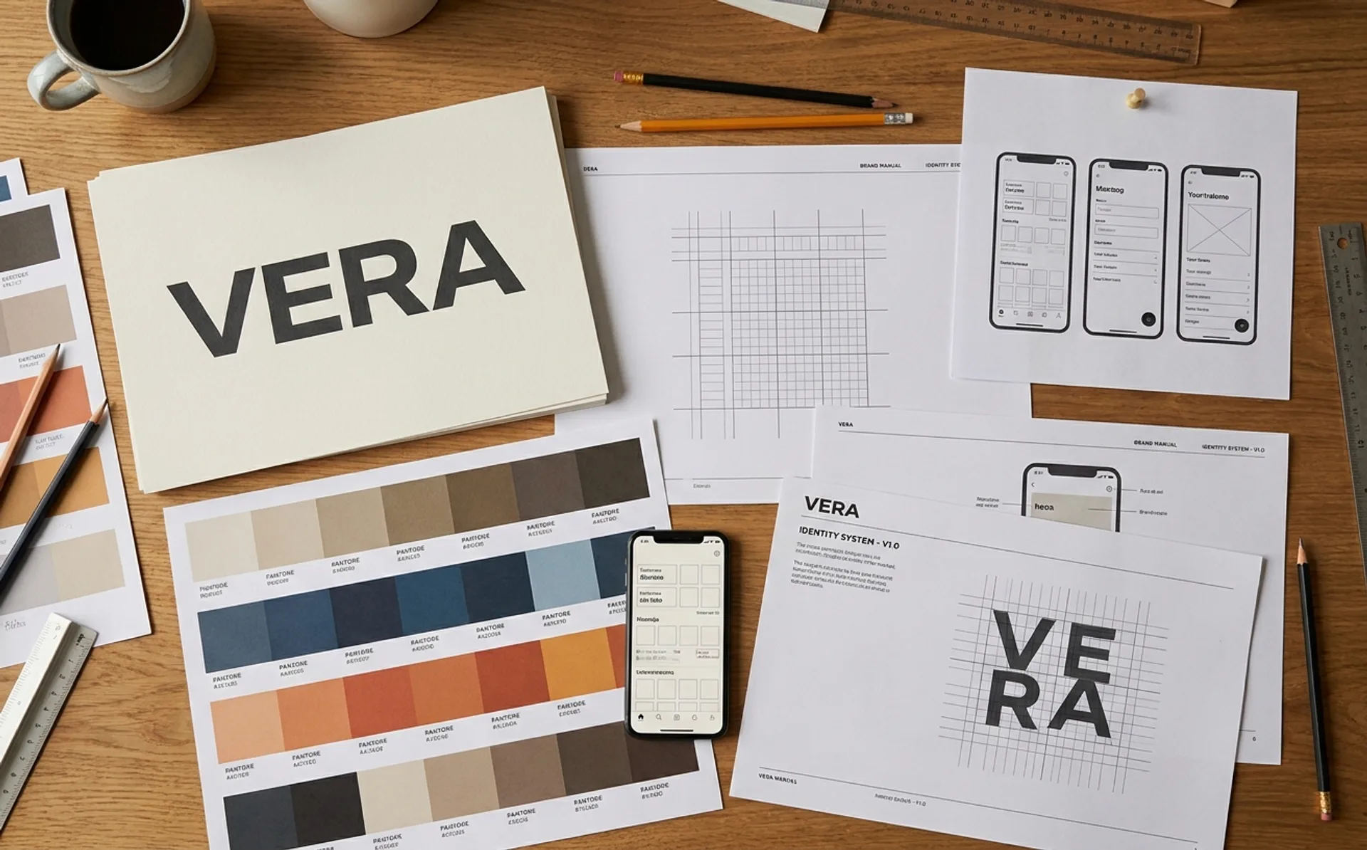 A startup brand identity system laid out on a desk — wordmark, color swatches, grid system and mobile app screens with clean sans-serif type