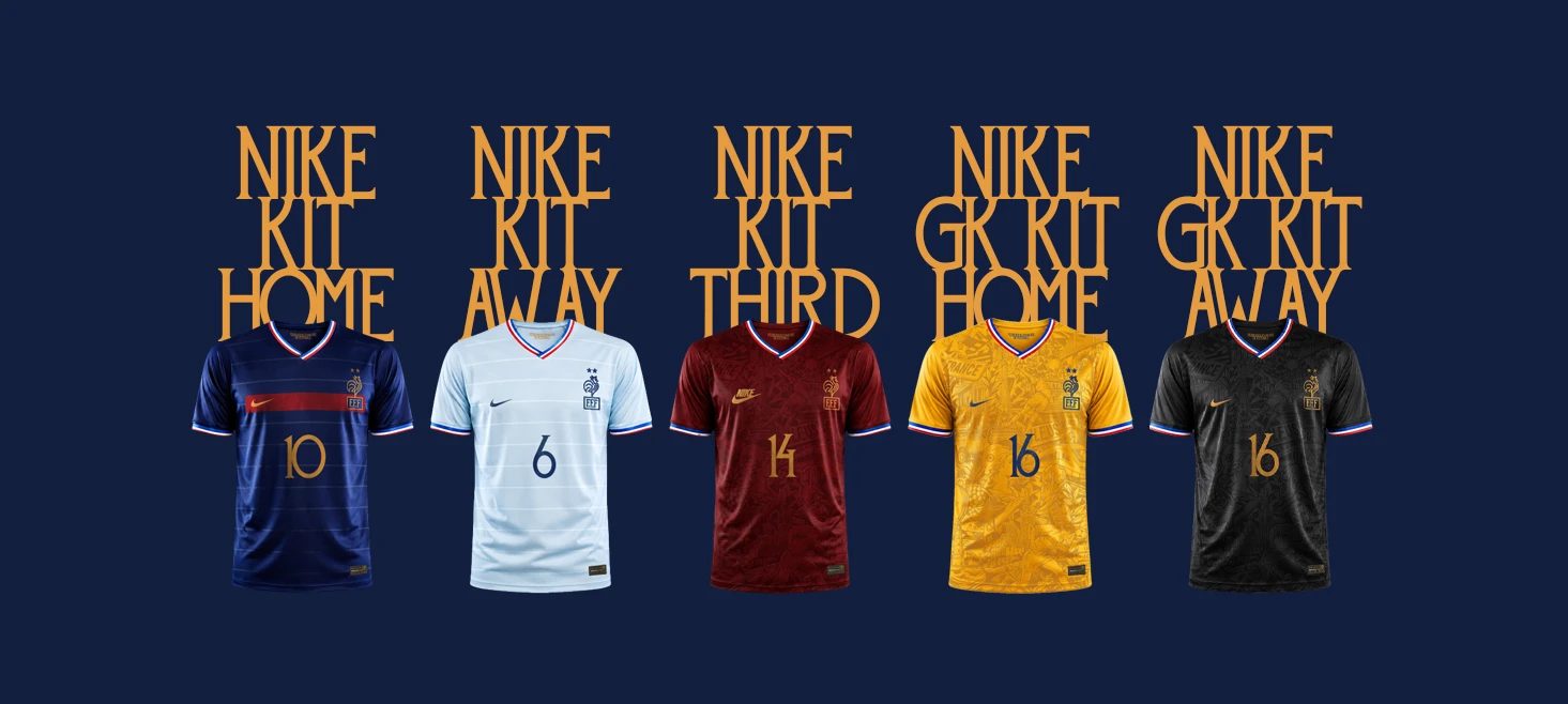 Five Nike football kits in navy, white, red, yellow and black, labelled NIKE KIT HOME, AWAY, THIRD, GK HOME and GK AWAY.