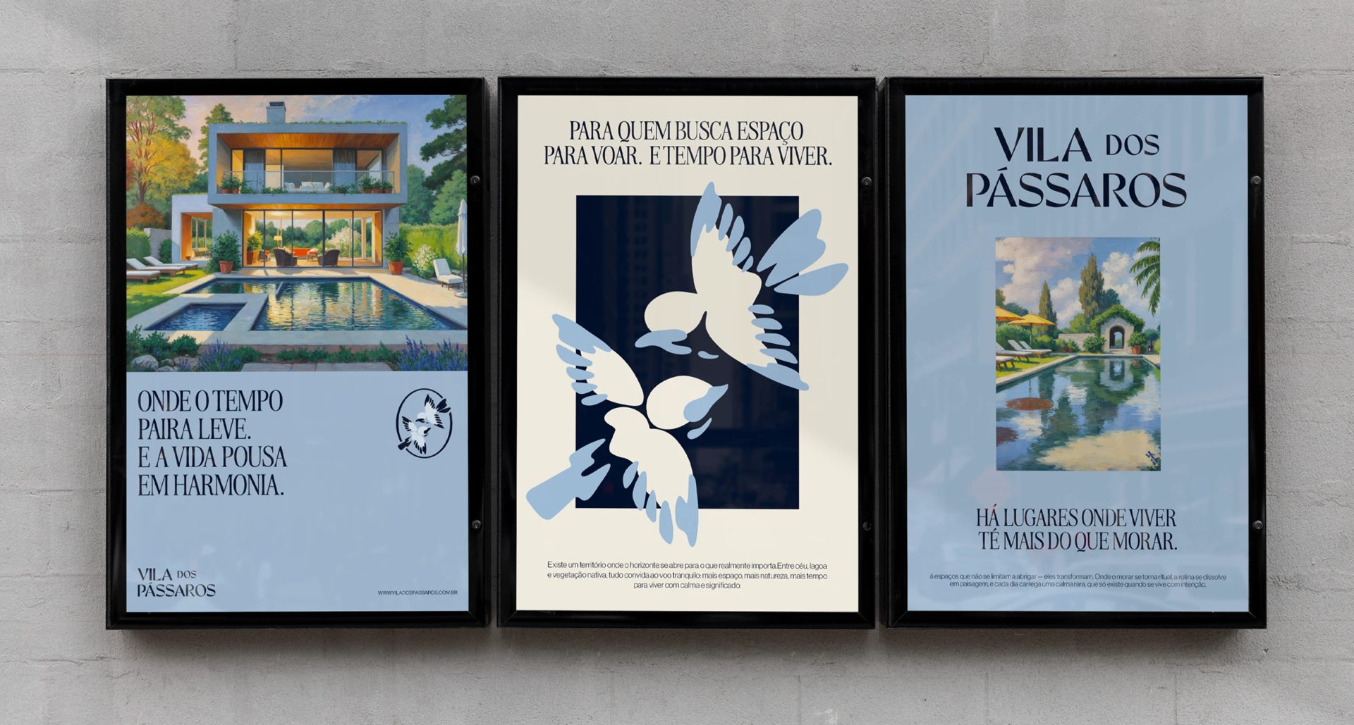 Three black-framed posters on a grey wall show villas, pools and birds in pale blue, cream and navy, with “VILA DOS PÁSSAROS”.