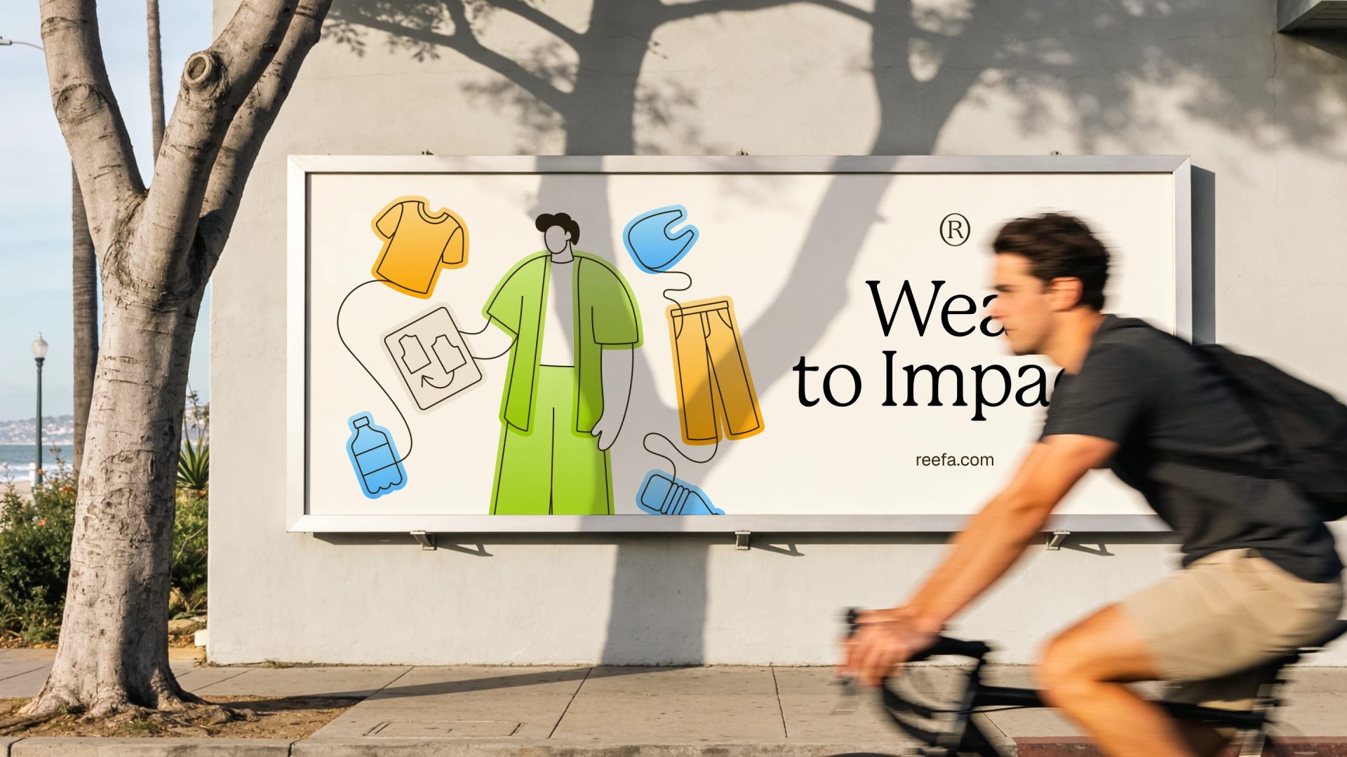 Street billboard with green, yellow and blue clothing illustrations, partial black text and reefa.com, as a cyclist passes.