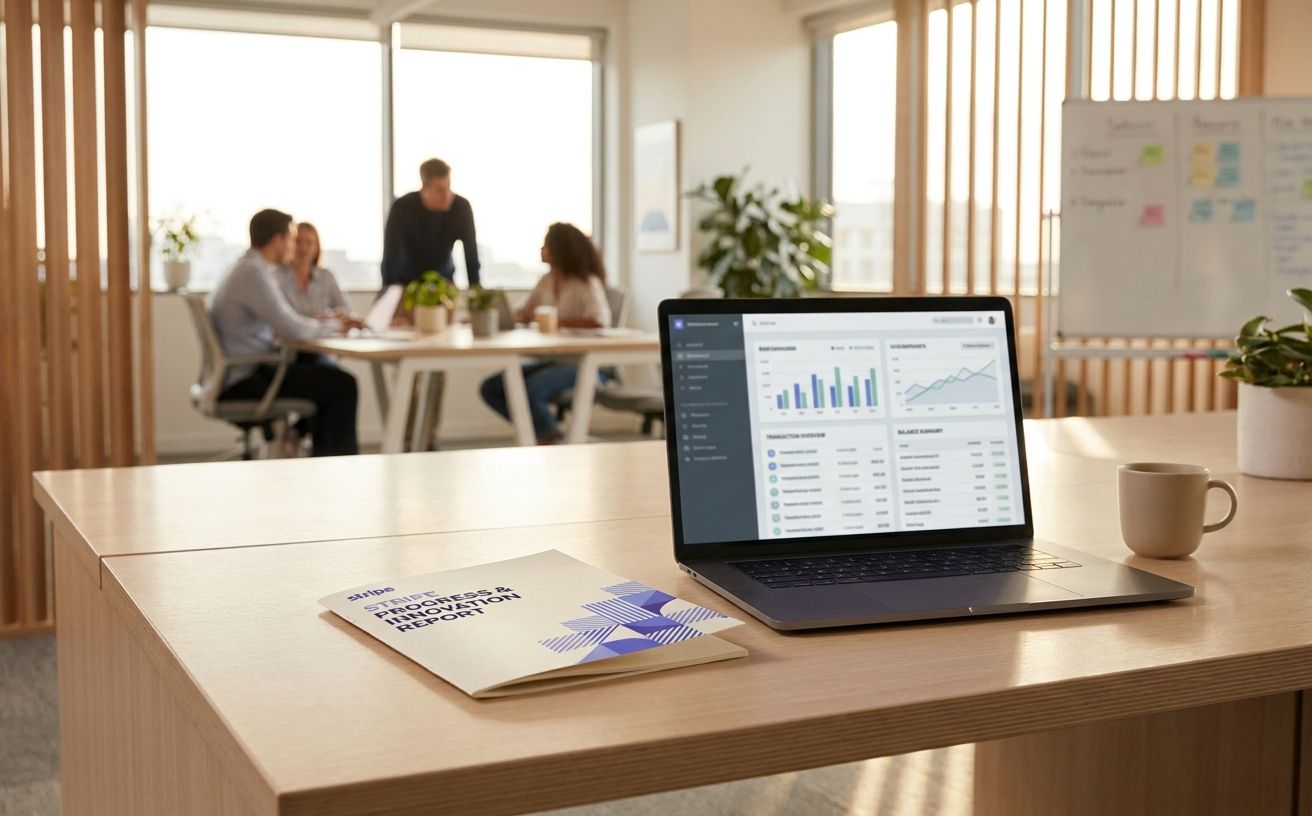Stripe brand materials on a contemporary fintech office desk — a printed annual report, laptop showing the Stripe dashboard, clean gradient lighting
