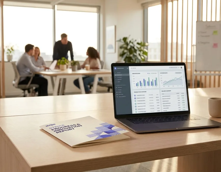 Stripe brand materials on a contemporary fintech office desk — a printed annual report, laptop showing the Stripe dashboard, clean gradient lighting