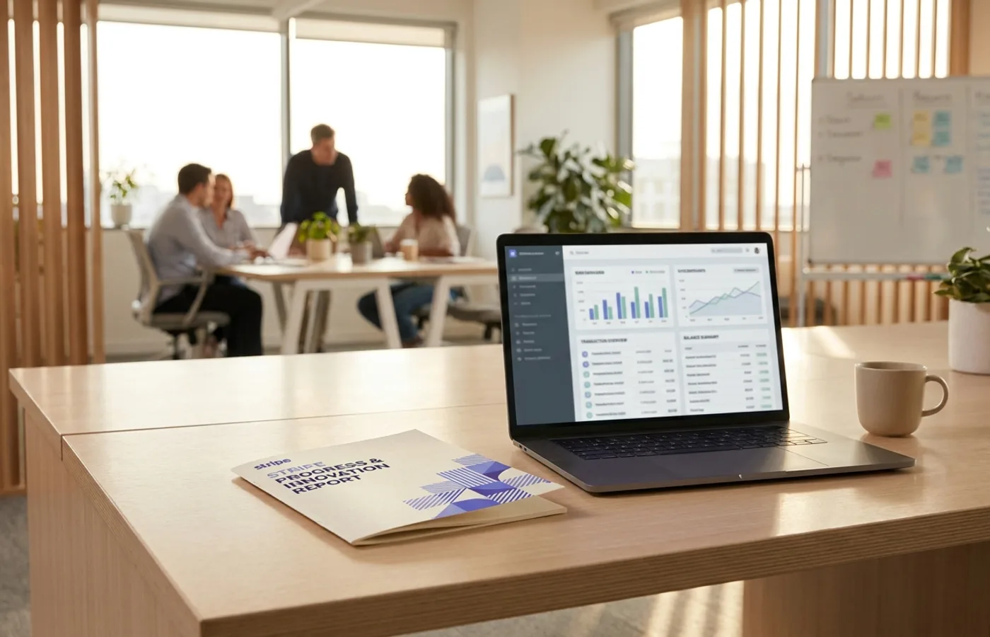 Stripe brand materials on a contemporary fintech office desk — a printed annual report, laptop showing the Stripe dashboard, clean gradient lighting