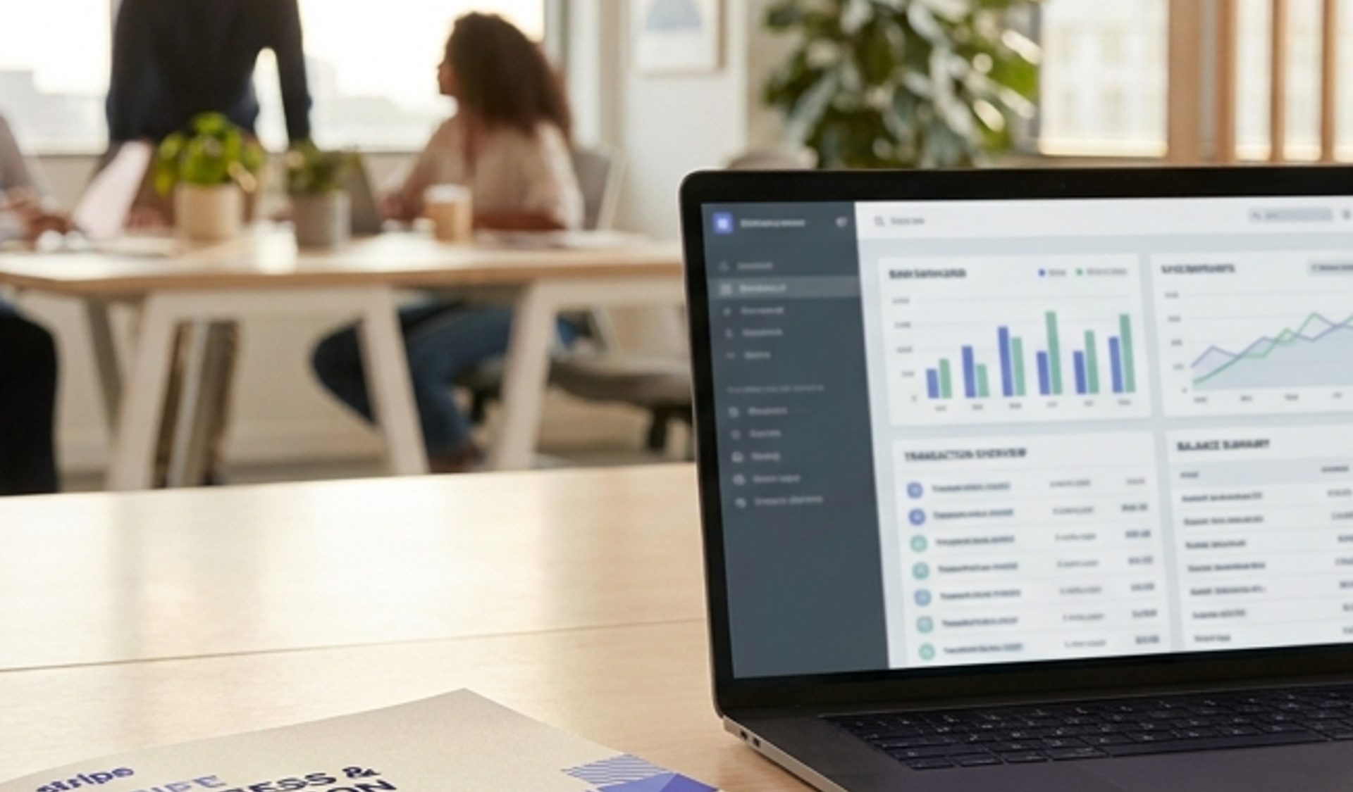 Stripe brand materials on a contemporary fintech office desk — a printed annual report, laptop showing the Stripe dashboard, clean gradient lighting