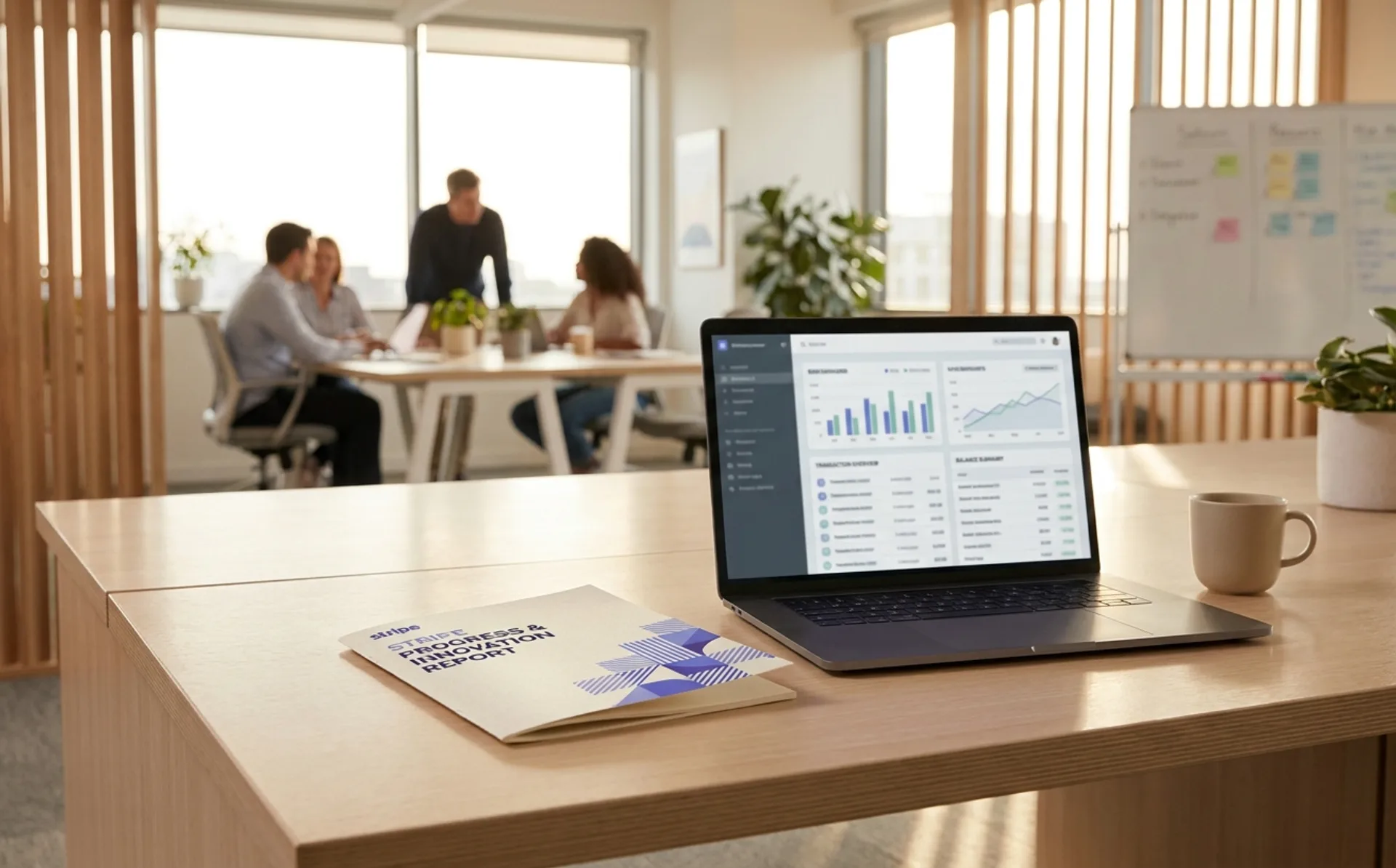 Stripe brand materials on a contemporary fintech office desk — a printed annual report, laptop showing the Stripe dashboard, clean gradient lighting