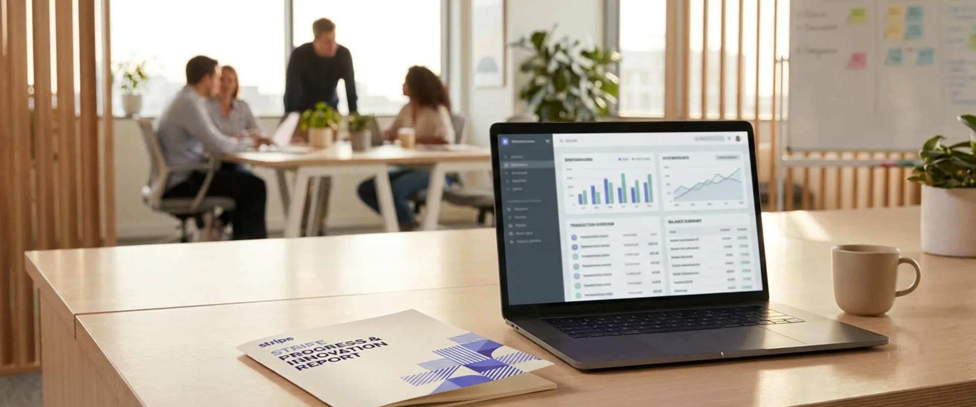 Stripe brand materials on a contemporary fintech office desk — a printed annual report, laptop showing the Stripe dashboard, clean gradient lighting