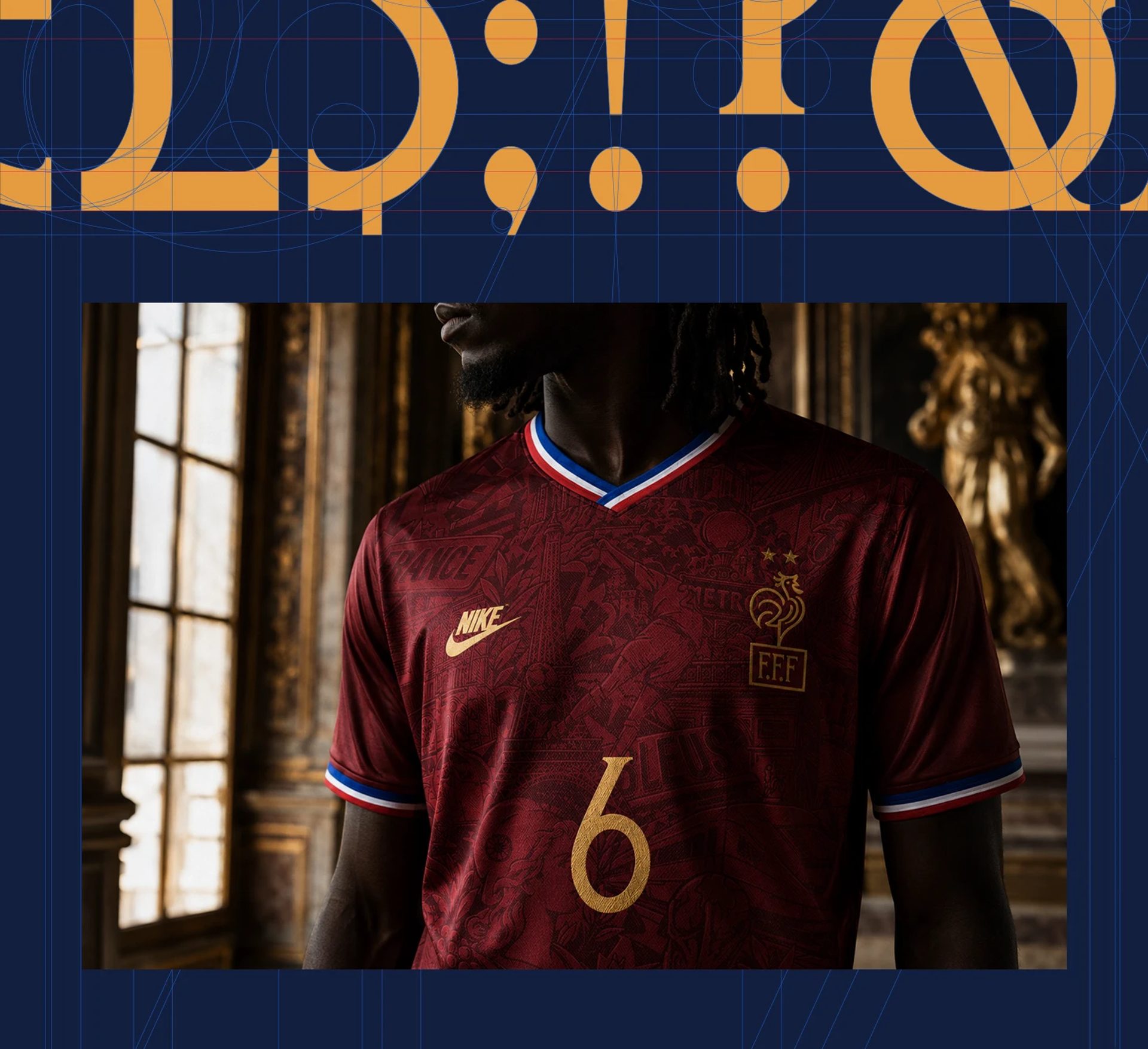Poster showing a red France football shirt with gold NIKE, F.F.F and number 6, framed by navy and gold typography.