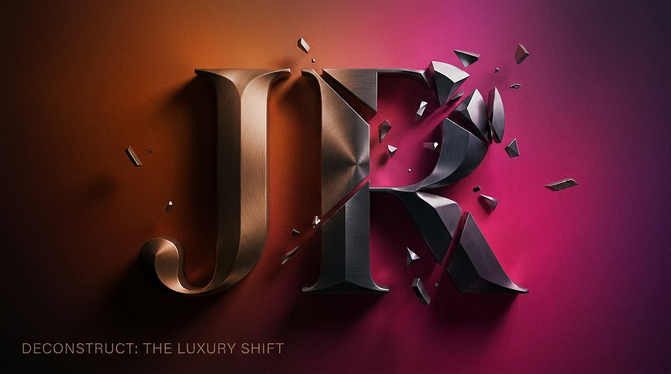 Deconstructed luxury automotive brand identity in copper and magenta, editorial forensic analysis composition