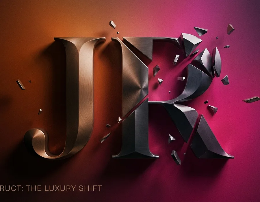 Deconstructed luxury automotive brand identity in copper and magenta, editorial forensic analysis composition
