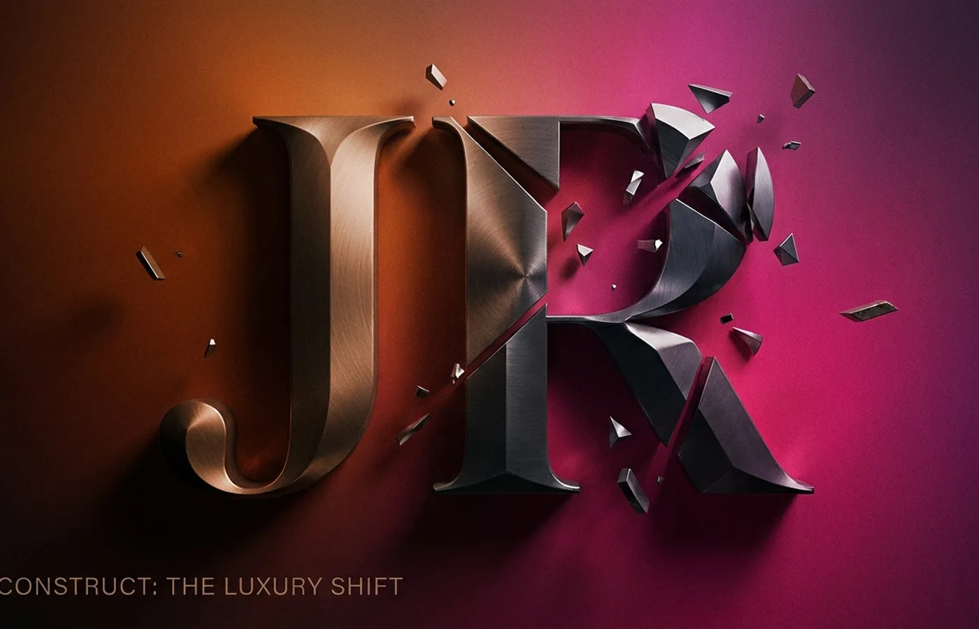 Deconstructed luxury automotive brand identity in copper and magenta, editorial forensic analysis composition