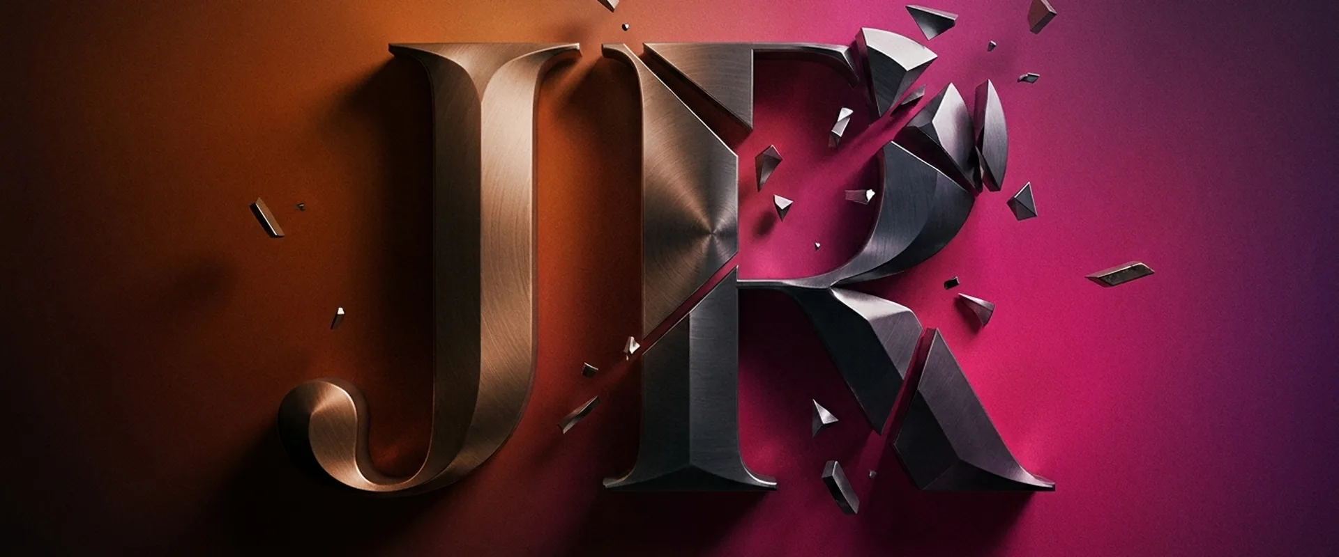Deconstructed luxury automotive brand identity in copper and magenta, editorial forensic analysis composition