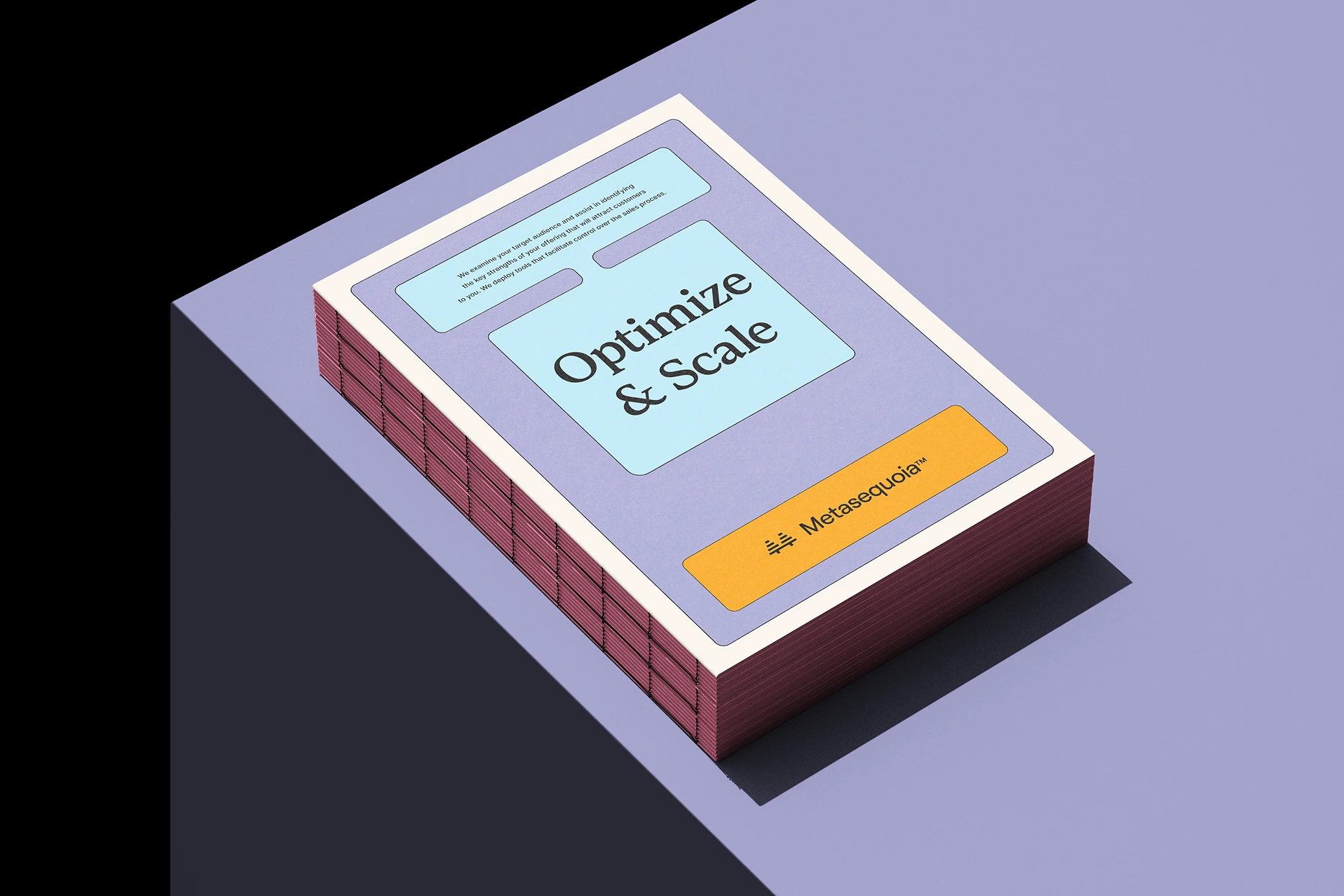 Stack of purple and blue cards with pink edges, featuring “Optimize & Scale” and “Metasequoia™” on an orange label.