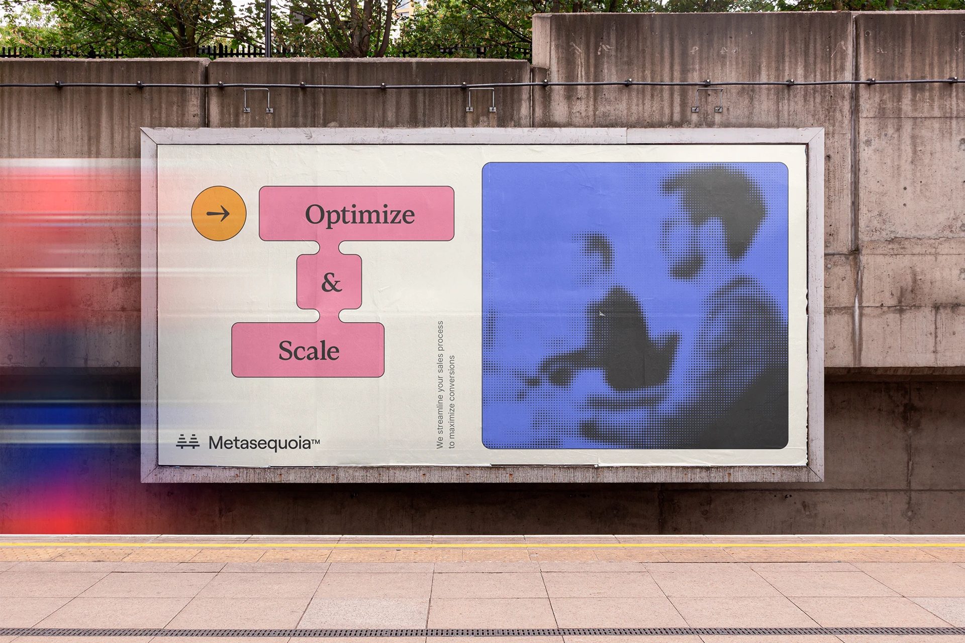 Station billboard with pink “Optimize & Scale” blocks, Metasequoia™ branding and a blue halftone office scene.