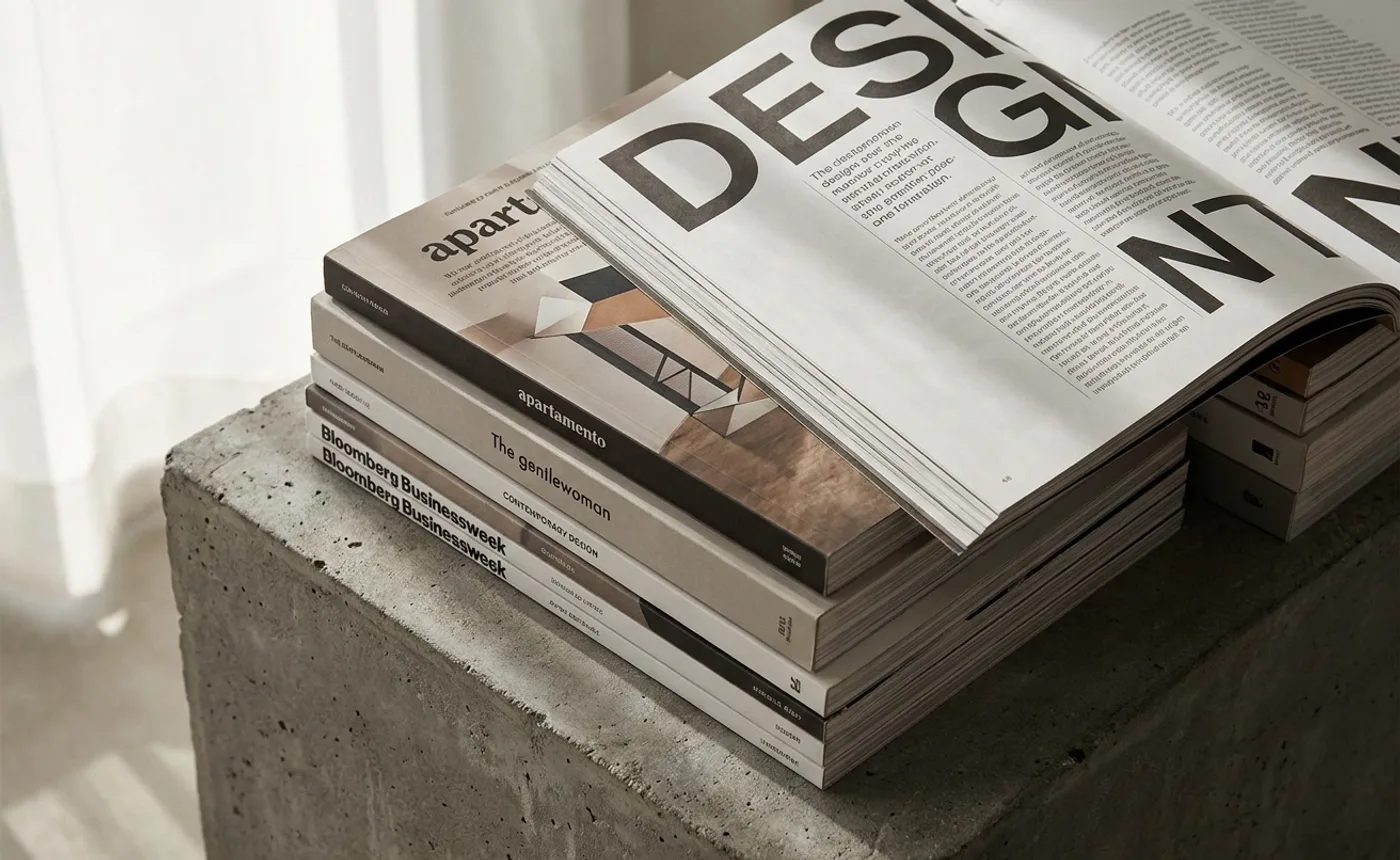 Editorial spread grid composition — overlapping magazine layouts showing typographic hierarchy and contemporary grid systems