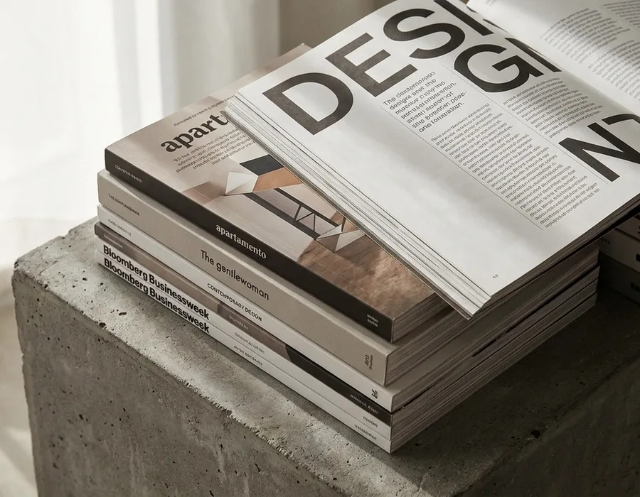 Editorial spread grid composition — overlapping magazine layouts showing typographic hierarchy and contemporary grid systems
