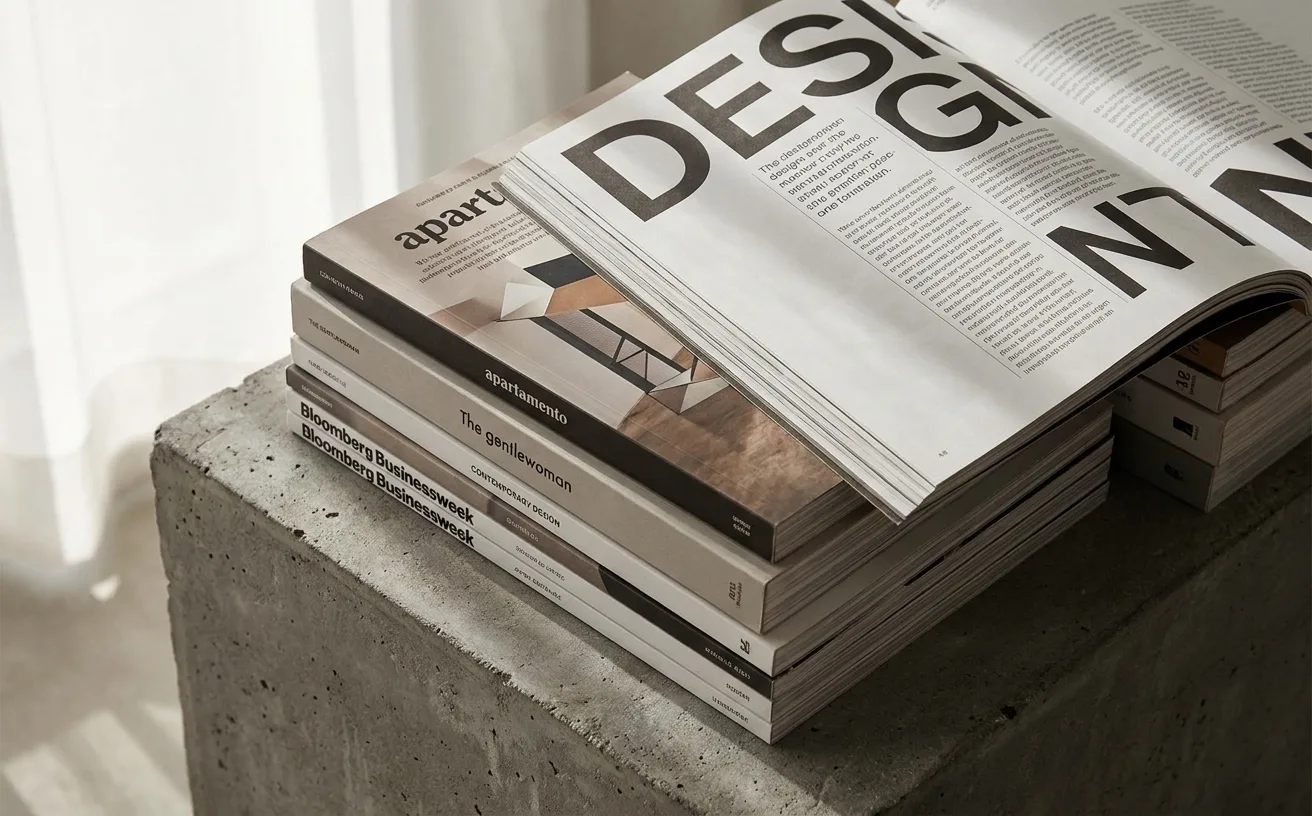 Editorial spread grid composition — overlapping magazine layouts showing typographic hierarchy and contemporary grid systems