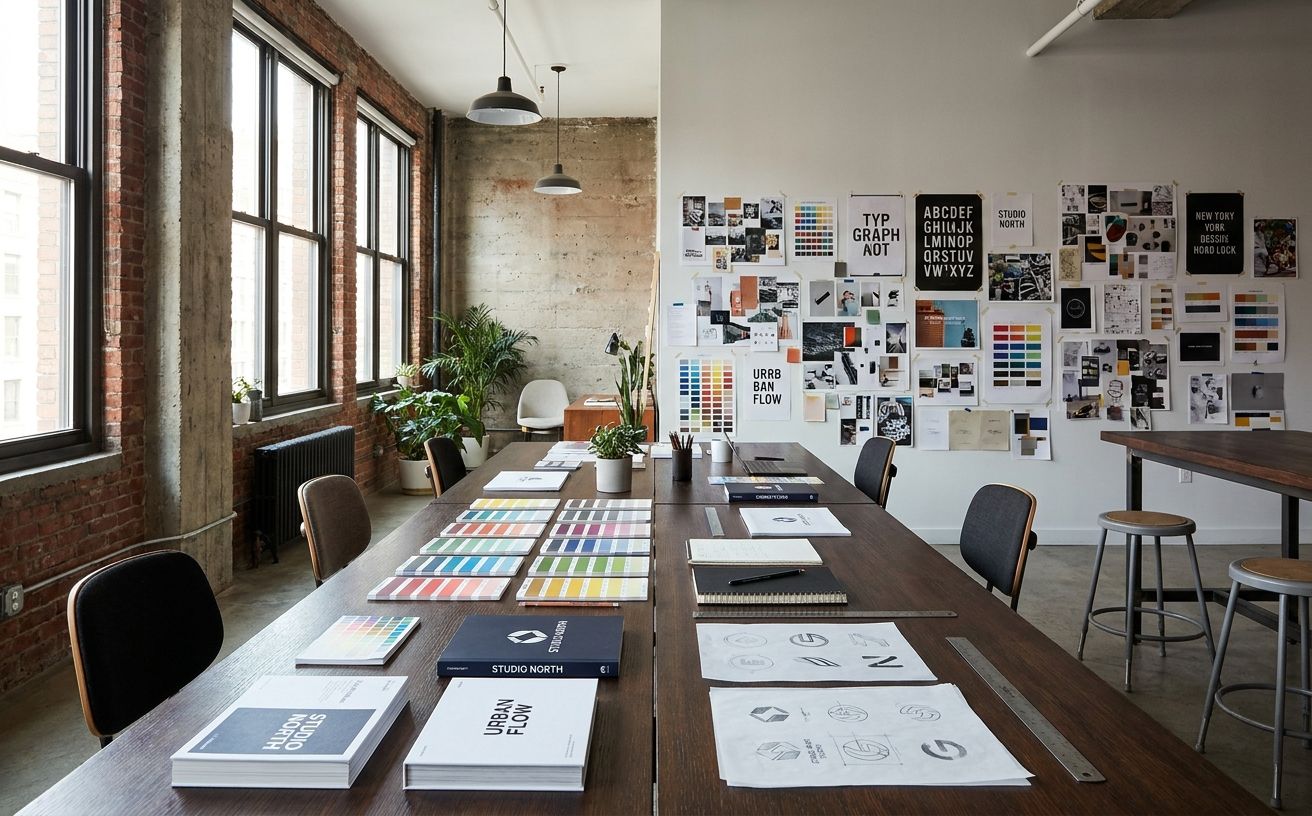Contemporary New York design studio interior with exposed brick, a long work table, brand guideline prints pinned to the wall, natural afternoon light