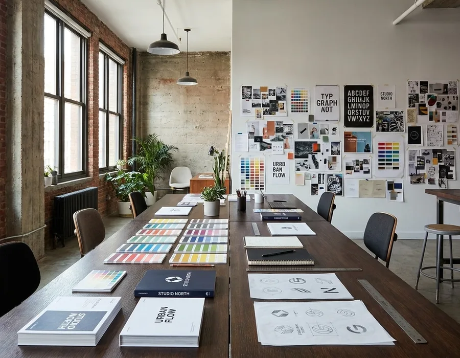 Contemporary New York design studio interior with exposed brick, a long work table, brand guideline prints pinned to the wall, natural afternoon light