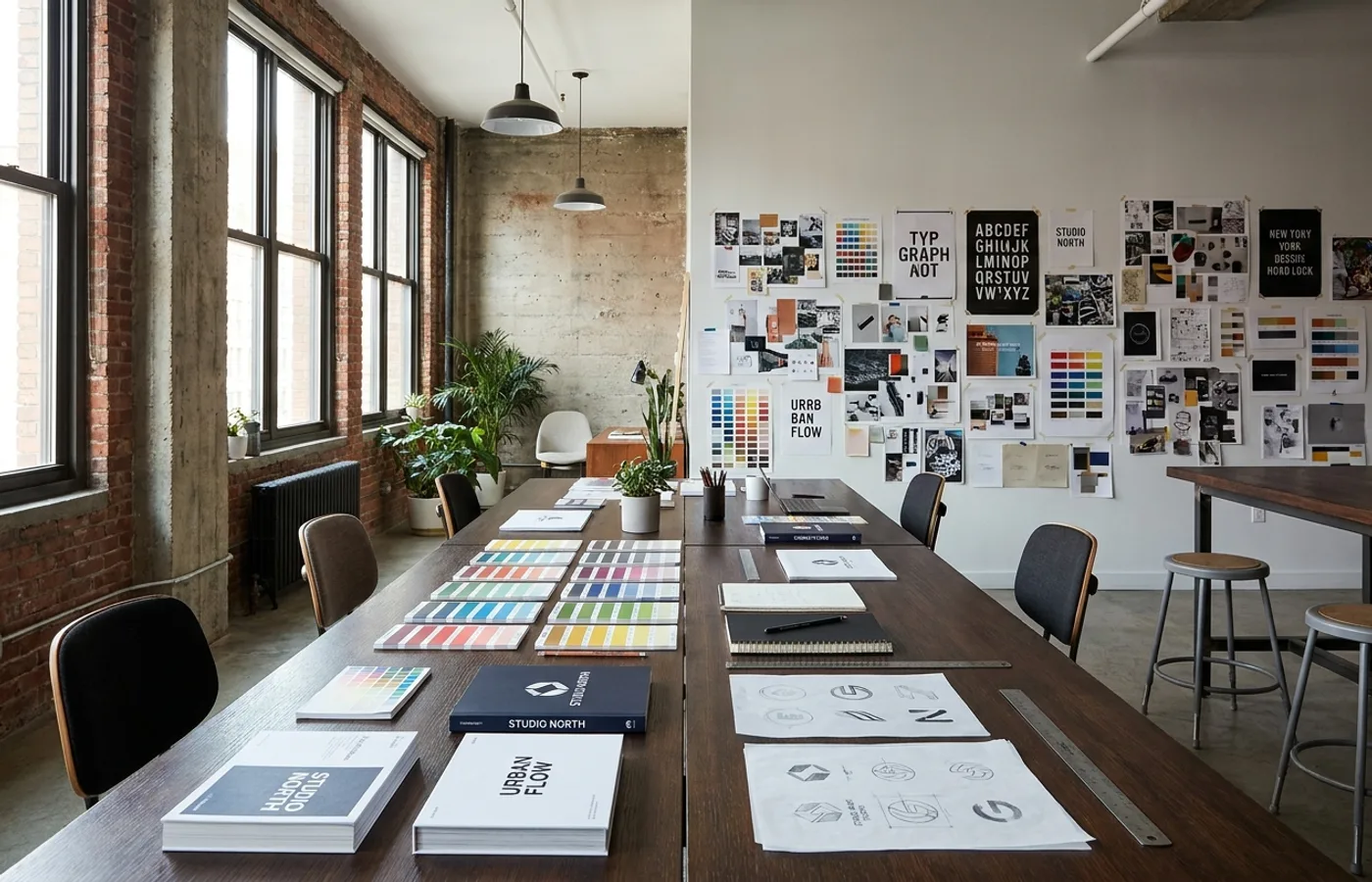 Contemporary New York design studio interior with exposed brick, a long work table, brand guideline prints pinned to the wall, natural afternoon light