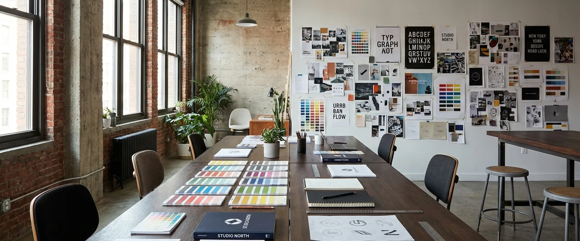 Contemporary New York design studio interior with exposed brick, a long work table, brand guideline prints pinned to the wall, natural afternoon light