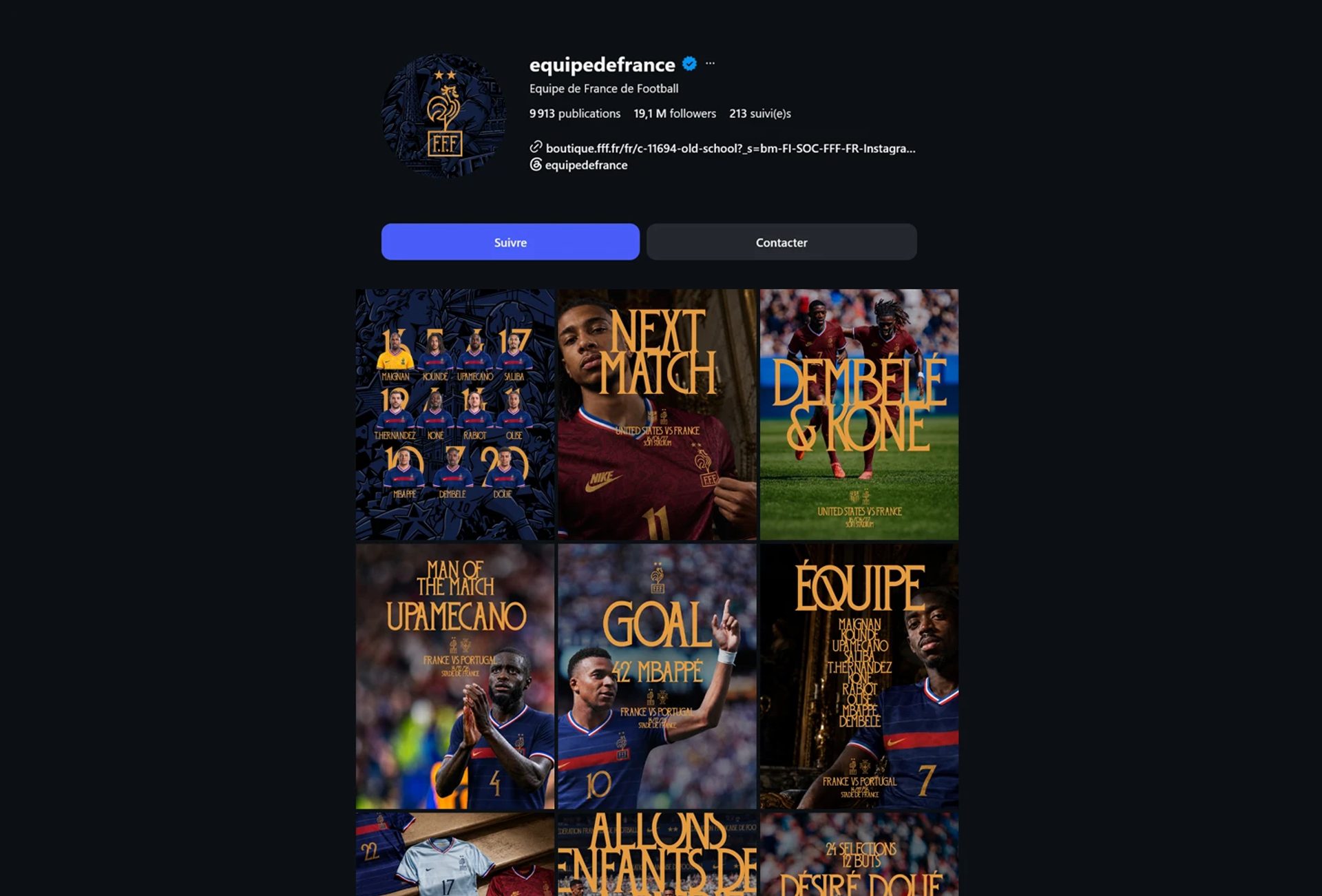 Dark-mode Instagram profile for equipedefrance, with blue and gold FFF branding and a grid of football player posts.