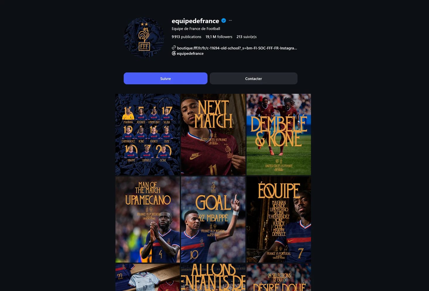Dark-mode Instagram profile for equipedefrance, with blue and gold FFF branding and a grid of football player posts.