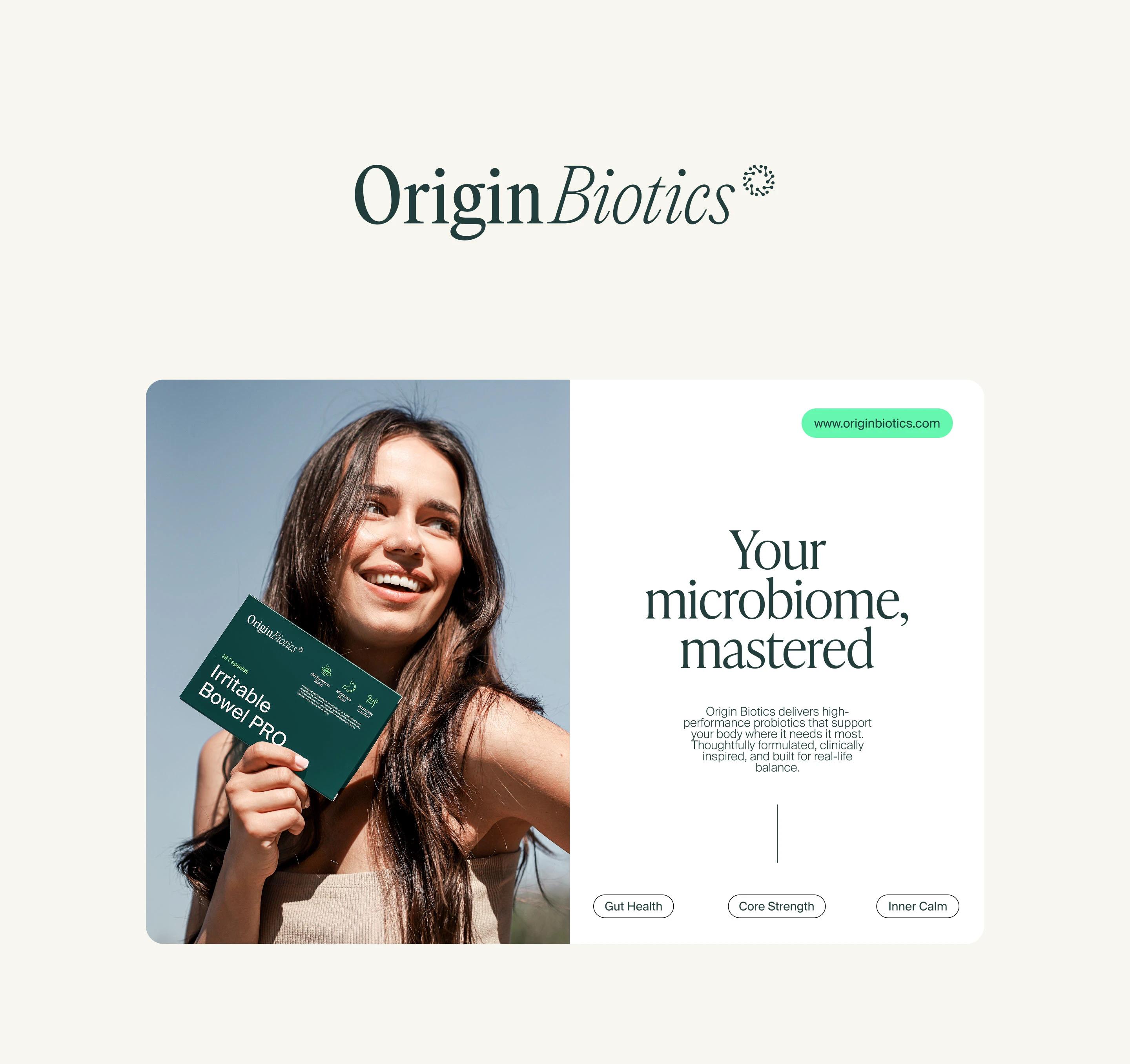OriginBiotics supplement branding and packaging — Maja Regula, image 2