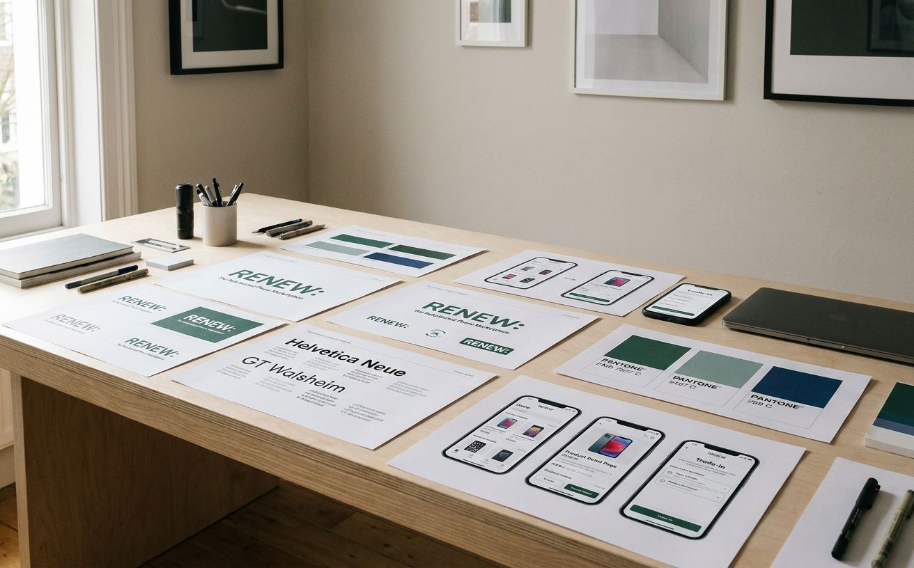 A London design studio workspace with brand identity prints, phone mockups of a refurbished-phone marketplace app, typography explorations and color swatches