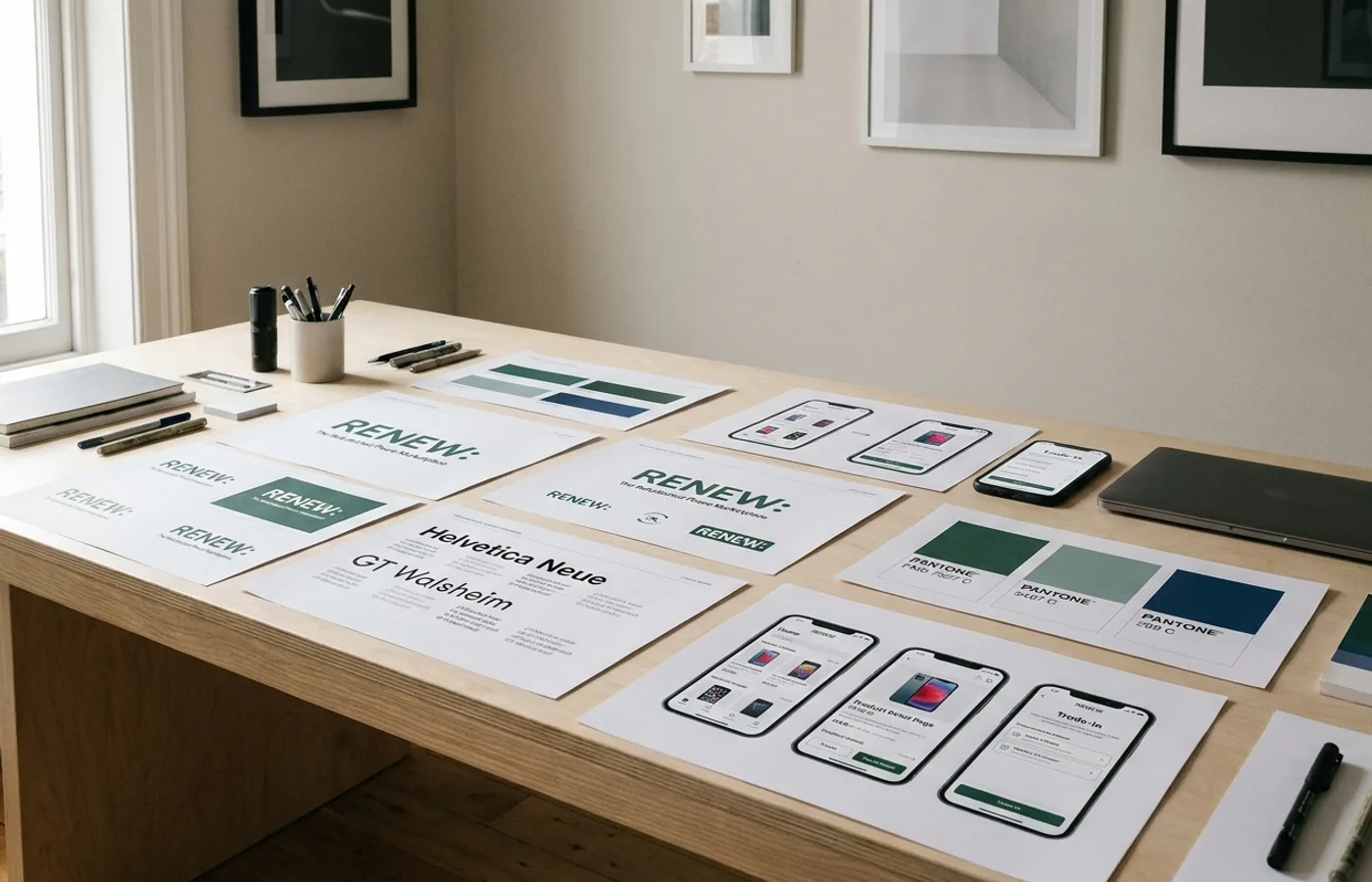 A London design studio workspace with brand identity prints, phone mockups of a refurbished-phone marketplace app, typography explorations and color swatches