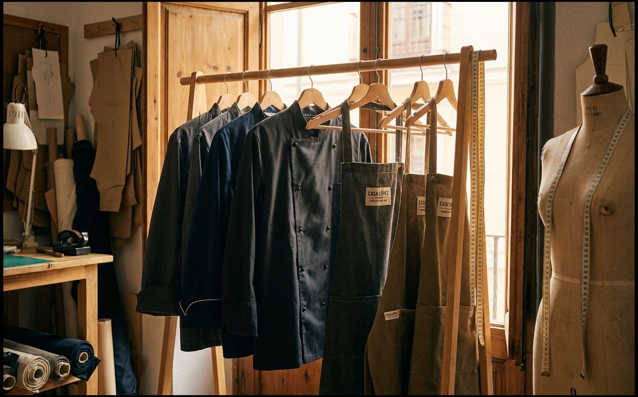 Professional chef coats and hospitality aprons on a wooden rail in a Spanish tailoring workshop, woven brand labels visible, measuring tape draped nearby
