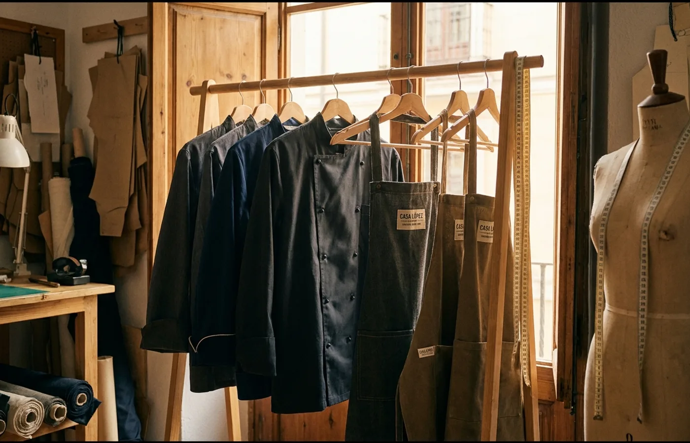 Professional chef coats and hospitality aprons on a wooden rail in a Spanish tailoring workshop, woven brand labels visible, measuring tape draped nearby