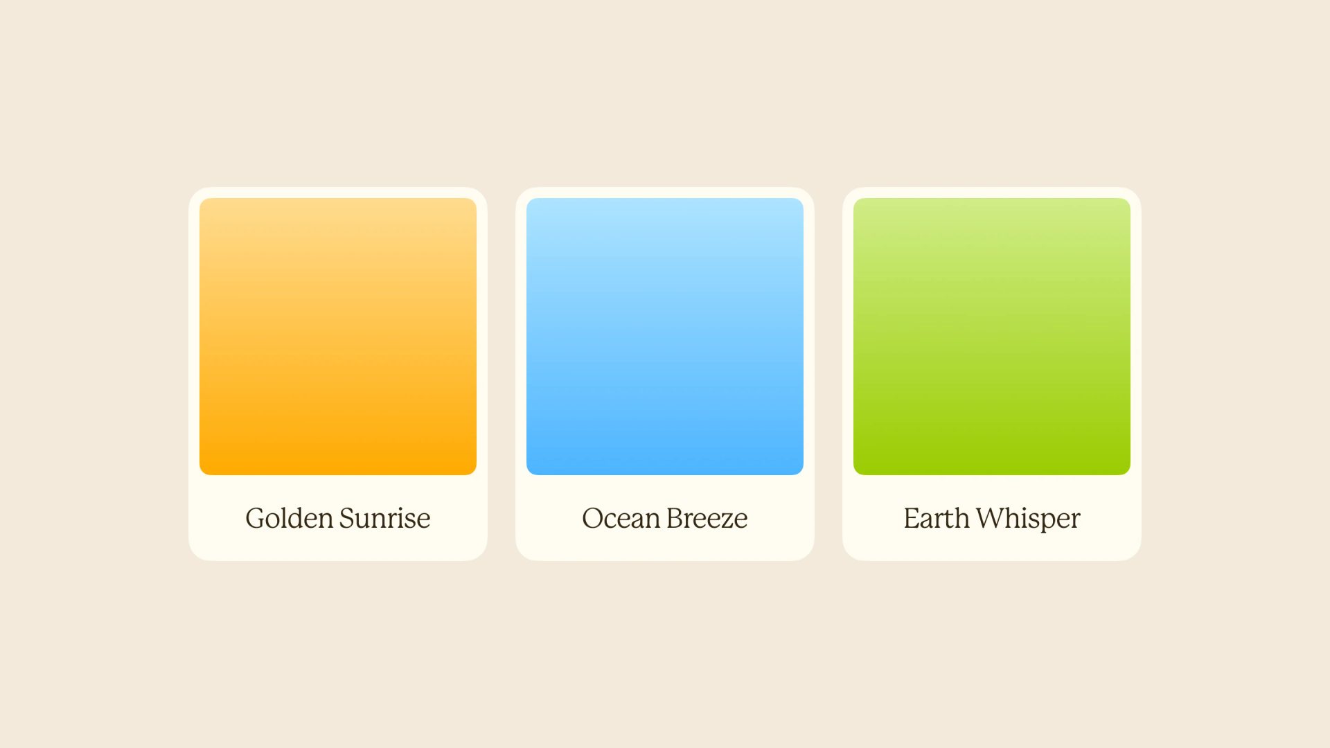 Three colour swatch cards on beige show orange “Golden Sunrise,” blue “Ocean Breeze,” and green “Earth Whisper.”