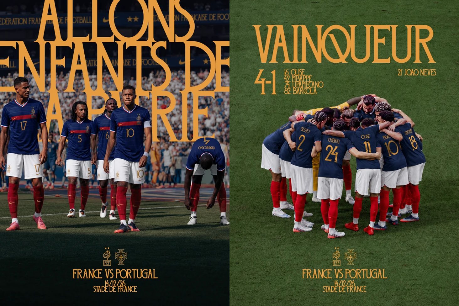 Two football posters show France players in blue, white and red beneath gold text, including “VAINQUEUR” and “FRANCE VS PORTUGAL”.